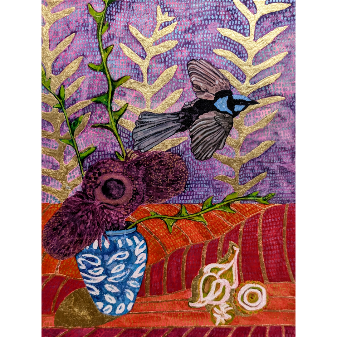 Mr Blue flying through a banksia still-life