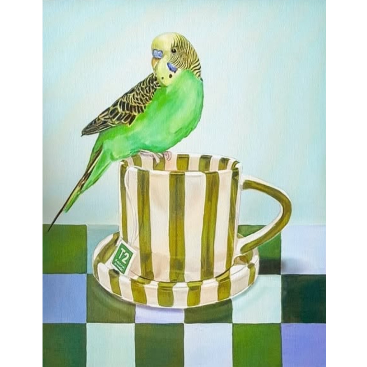 Budgie on Striped Tea Cup