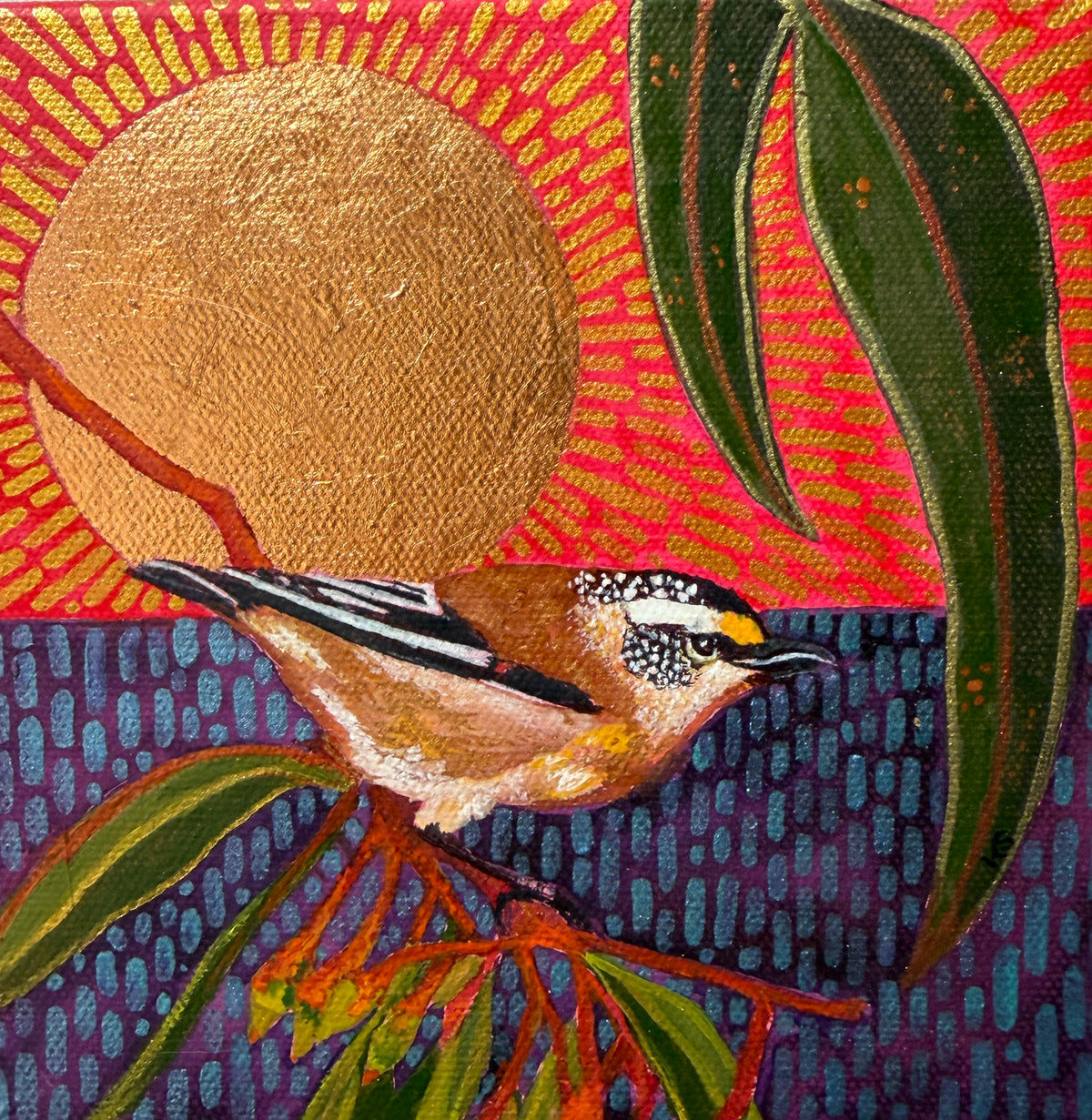 Mr Pardalotte with gum nuts in a rose gold sun