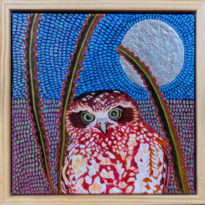 Mr Boobook with banksia leavs under a yin moon