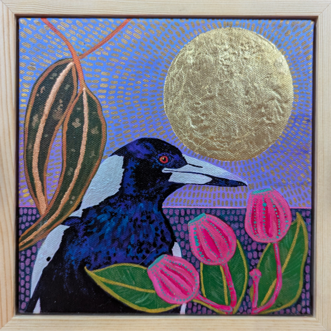 Mr Maggs with pink gum-nuts under a golden yan sun