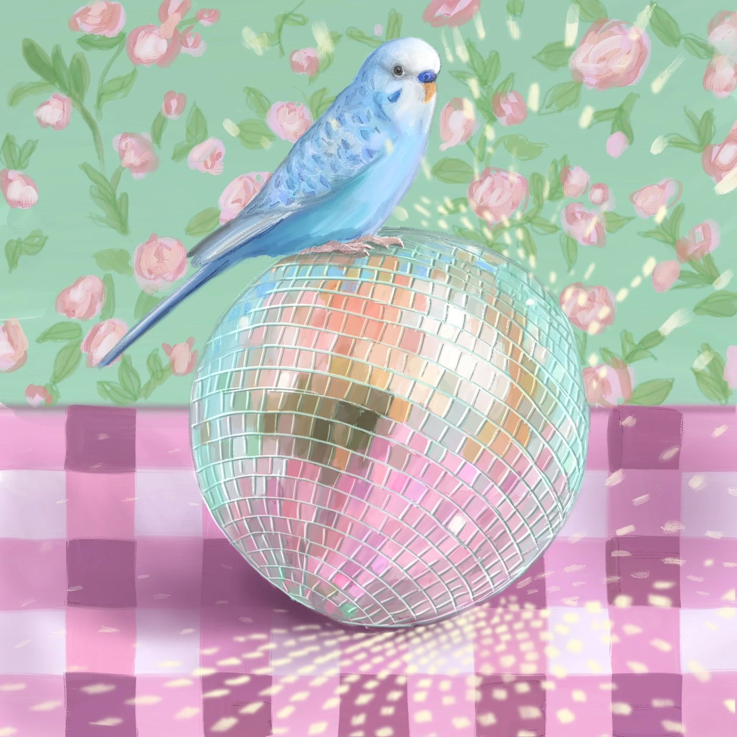Budgie on disco ball