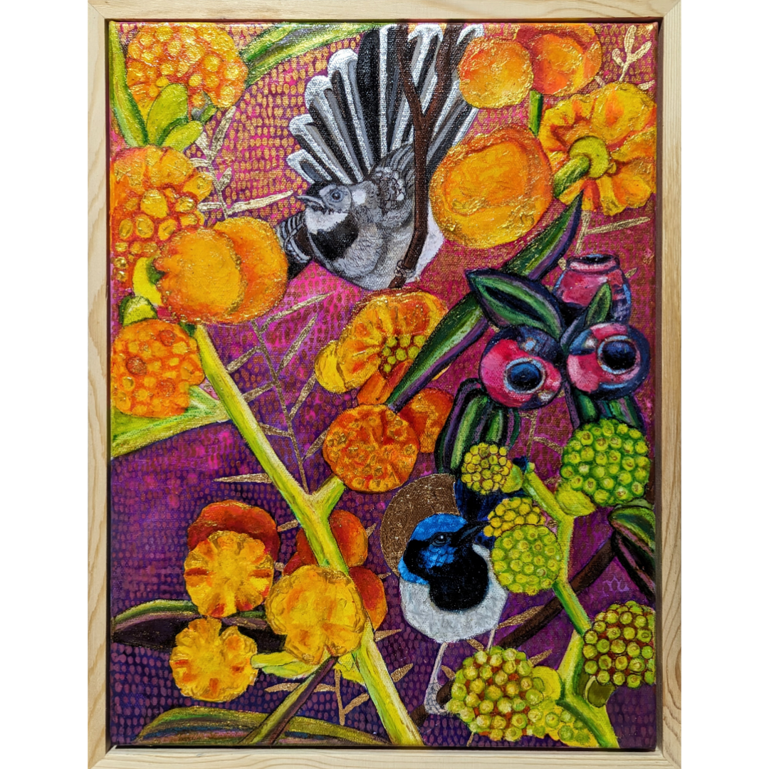 Mr Fantail with Mr Blue in a wattle filled landscape