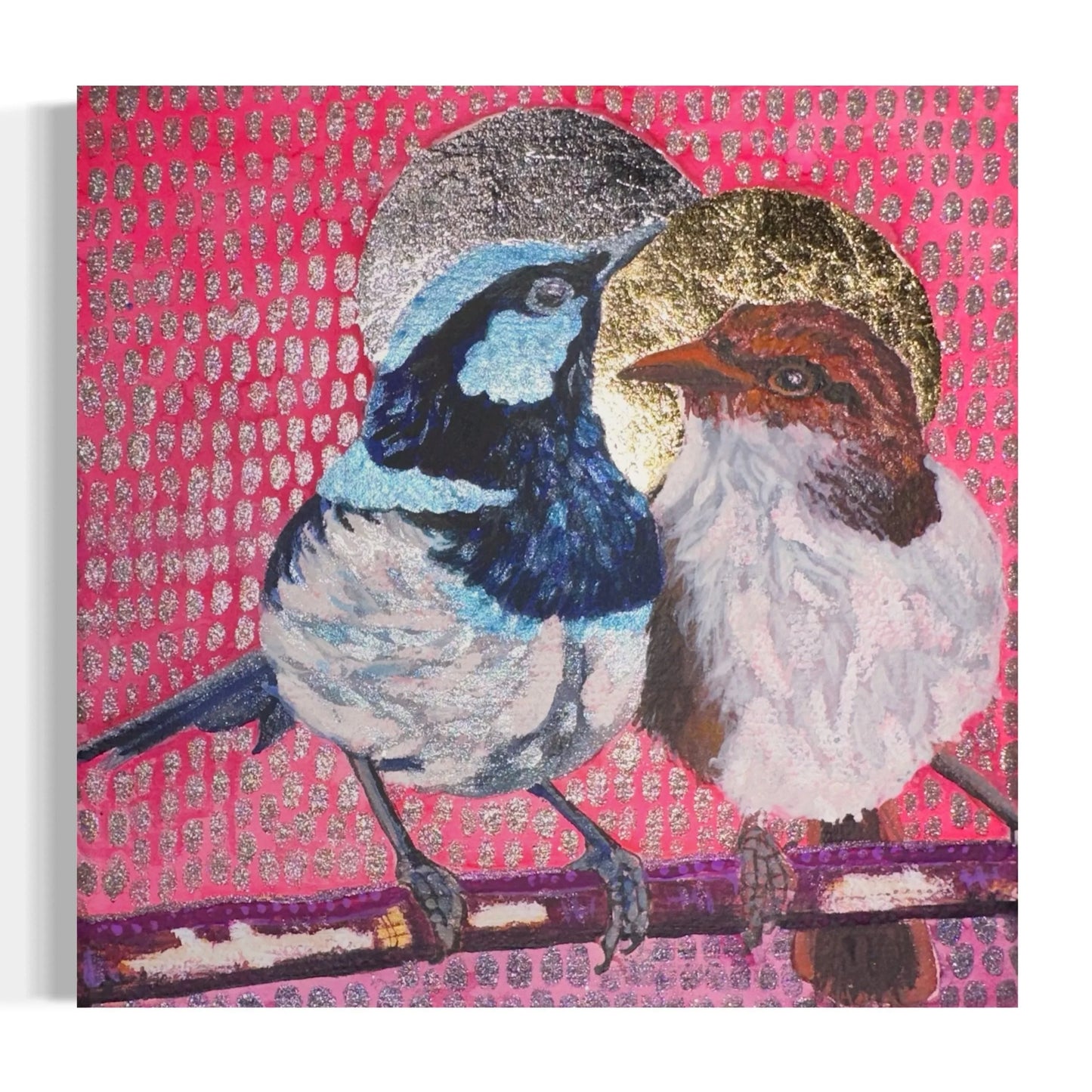 Blue Wren Lovers with golden halo