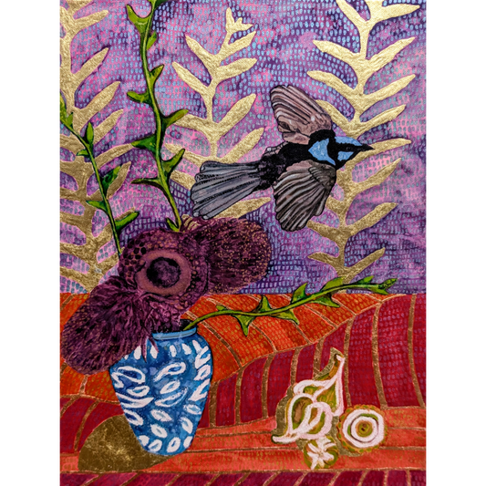 Mr Blue flying through a banksia still-life