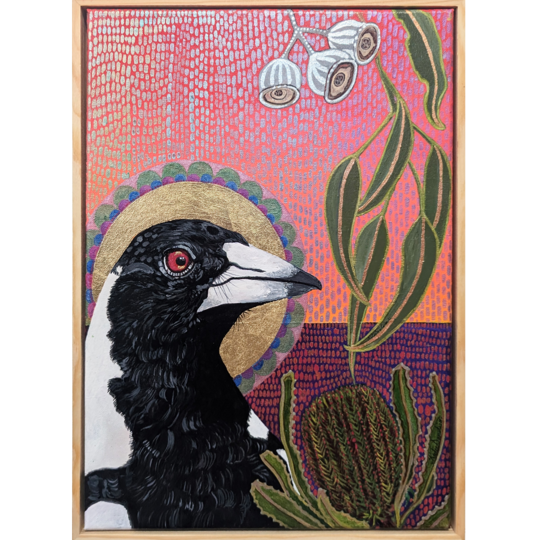 Mr Maggs with a Golden Halo with a Banksia Flower and Gum Nuts in a Rainbow Sky