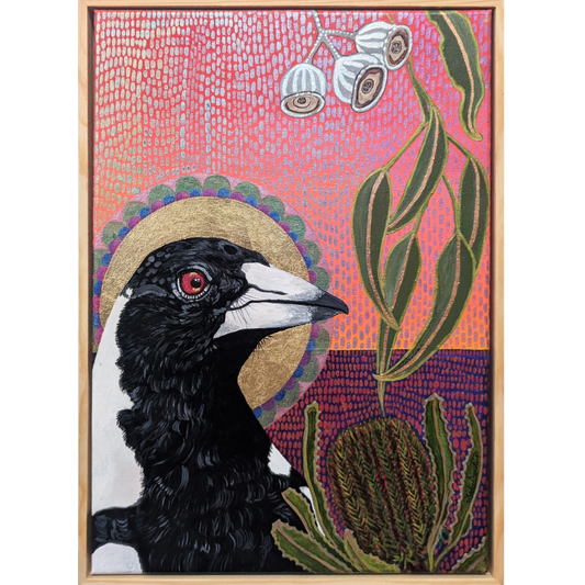 Mr Maggs with a Golden Halo with a Banksia Flower and Gum Nuts in a Rainbow Sky