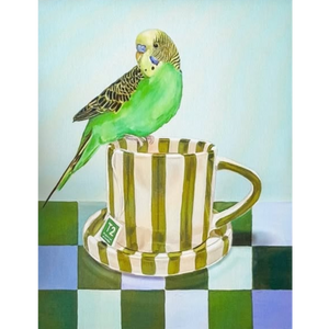 Budgie on Striped Tea Cup