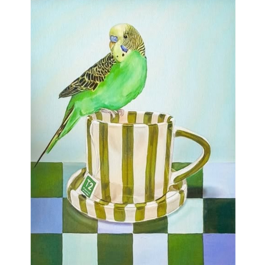 Budgie on Striped Tea Cup