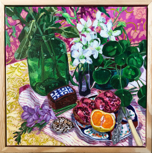 Green Glass with Blooms, Fruit and a Treasured Shell