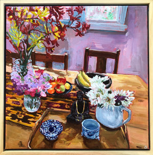 Sweetpeas, Kangaroo Paws and Aldi Chyrsanthemums in a Garage Sale Rectangular Vase