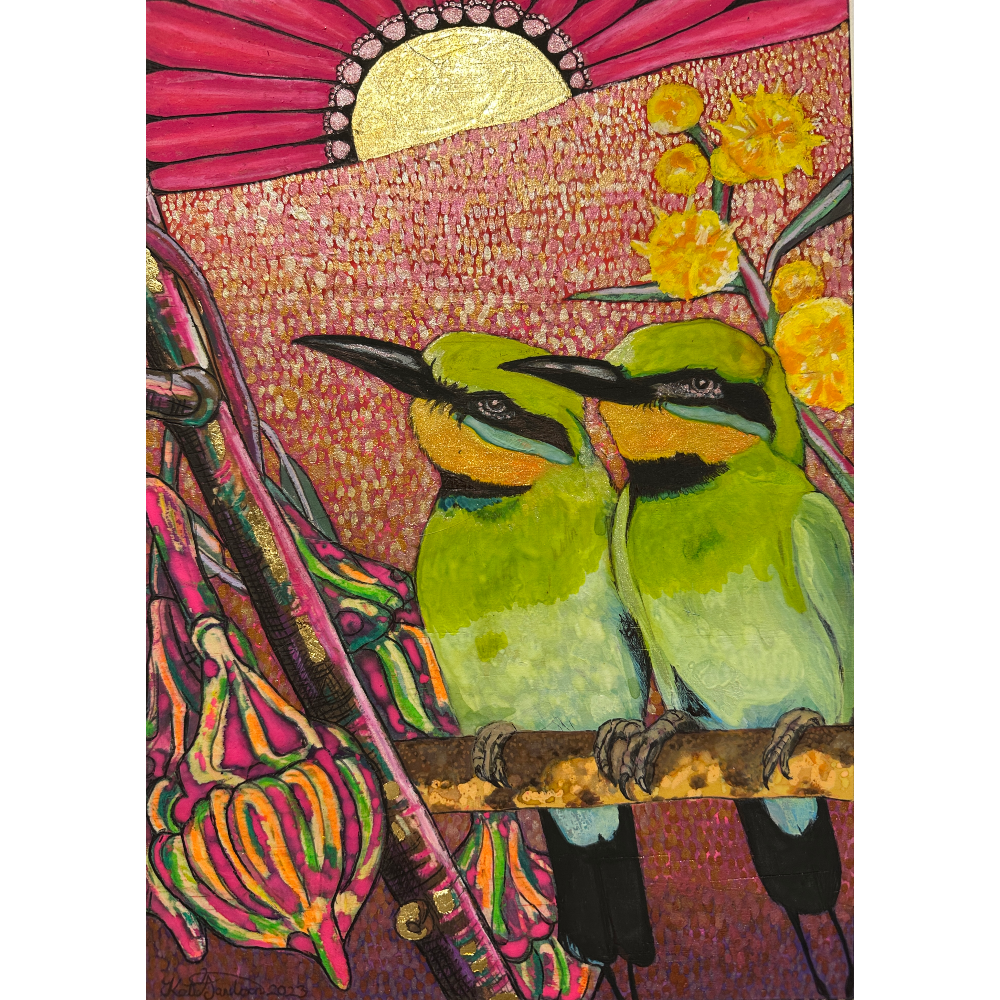 Bee-Eater Couple with Gum-Nuts and Wattle at Sunrise