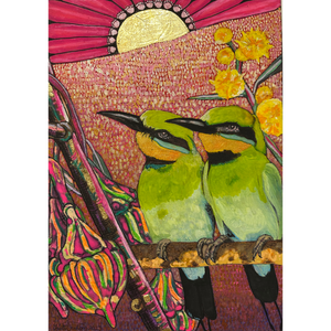 Bee-Eater Couple with Gum-Nuts and Wattle at Sunrise