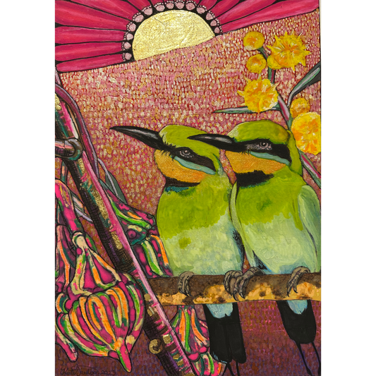 Bee-Eater Couple with Gum-Nuts and Wattle at Sunrise