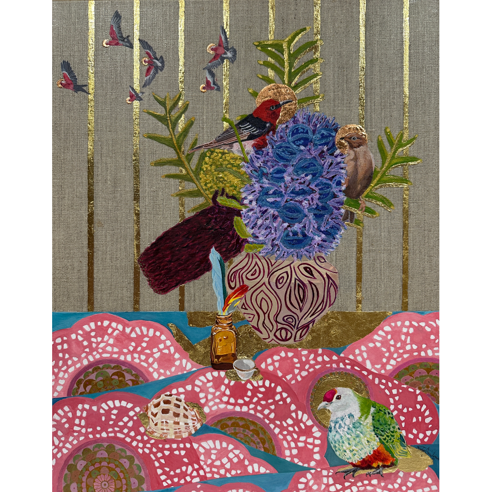 Rainbow Pigeon with Red Honey Eater Couple and Flying Galahs with Sarahs Pot