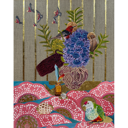 Rainbow Pigeon with Red Honey Eater Couple and Flying Galahs with Sarahs Pot