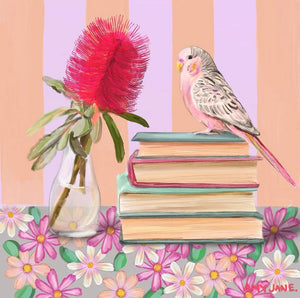 Budgie with a bottlebush