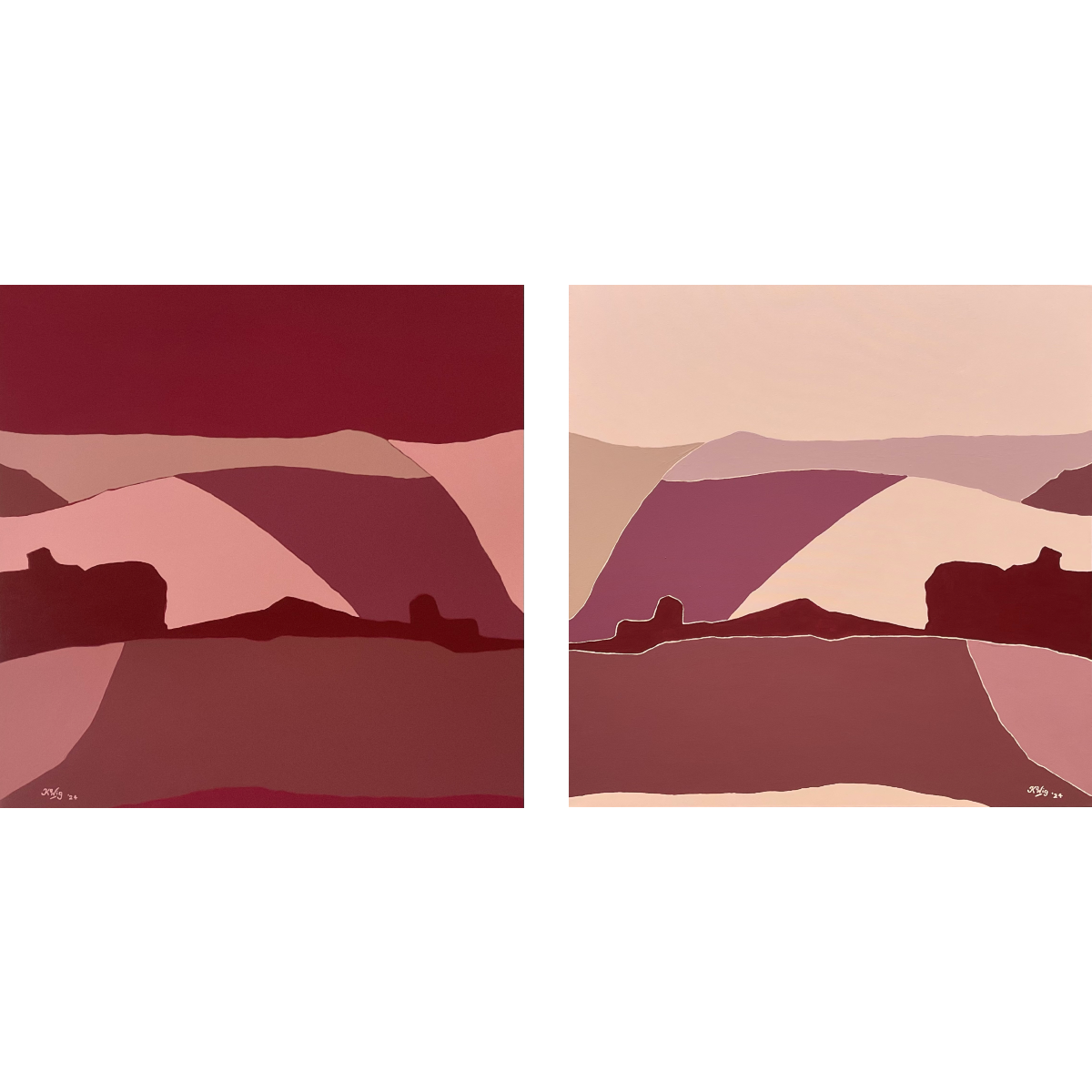 Plum Skies over Pink Pastures (diptych)