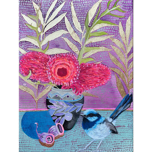 Mr Blue in A Still Life With Banksia Flowers in Tim Straun's Pot