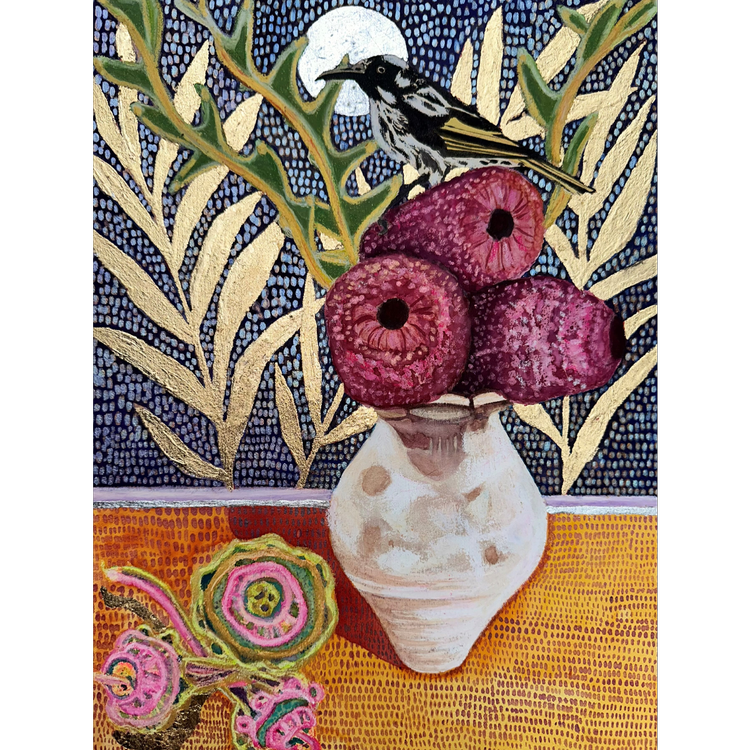 Mr Honey in a Still Life With Banksia Flowers in Janna Bichler's Pot