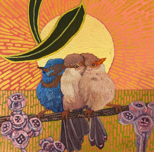 Wren family with purple gumnuts under a golden sunrise'