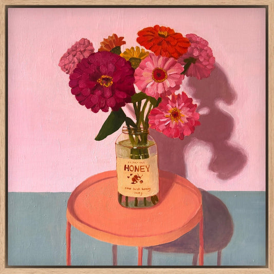 Honey Jar with Zinnias
