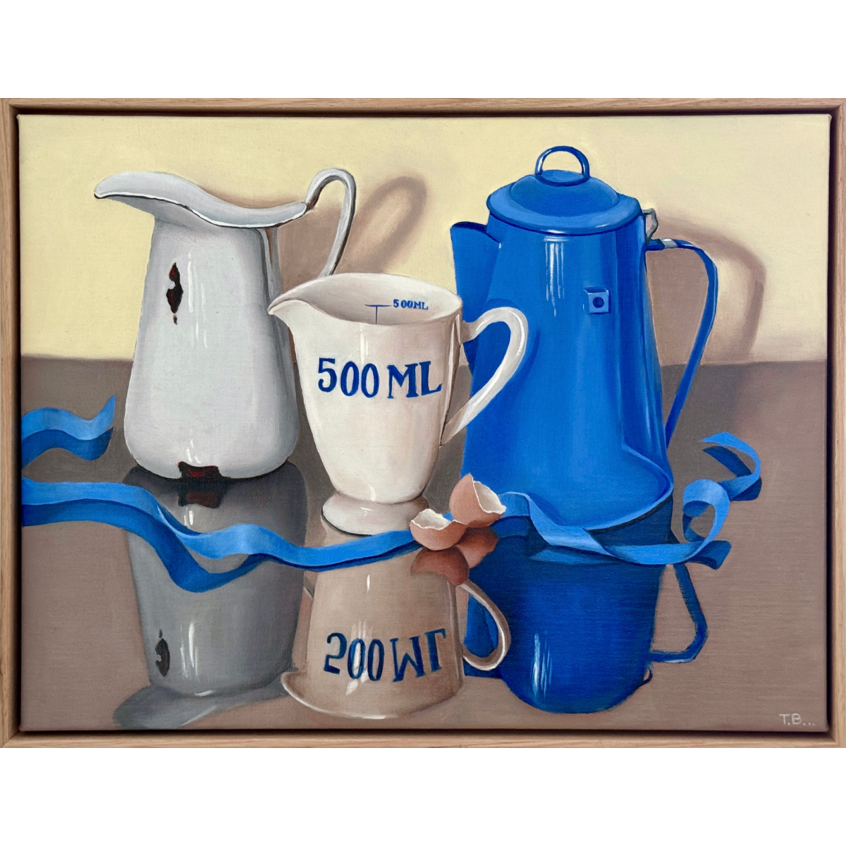Blue enamel coffee pot with white jugs