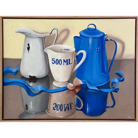 Blue enamel coffee pot with white jugs