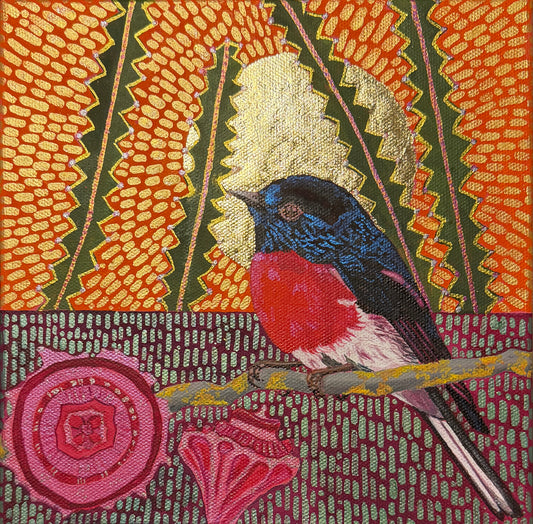 Mr Red on a mossy branch under a yan sun
