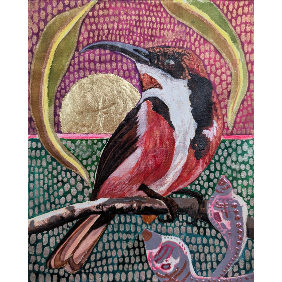 Mr Spinebill with Pink Gum Nuts and a Golden Sunrise