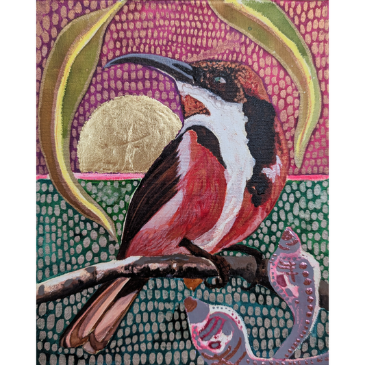 Mr Spinebill with Pink Gum Nuts and a Golden Sunrise