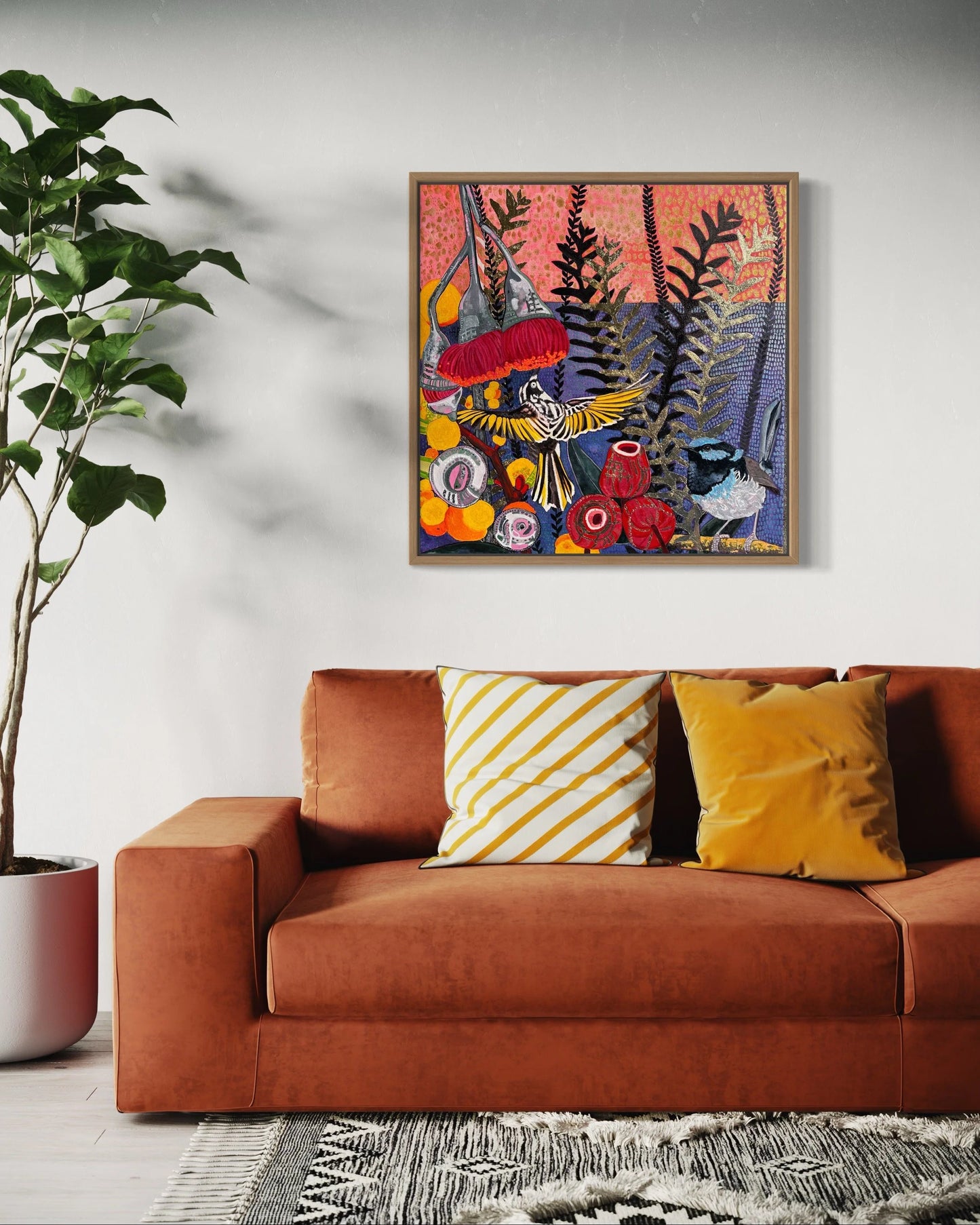 Mr Honey with Mr Blue with gumnuts and golden wattle