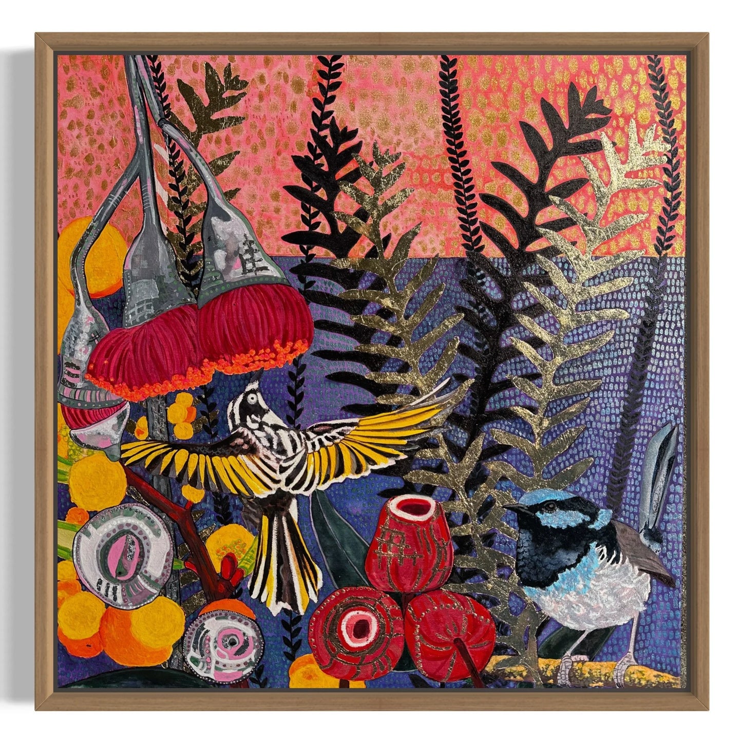 Mr Honey with Mr Blue with gumnuts and golden wattle