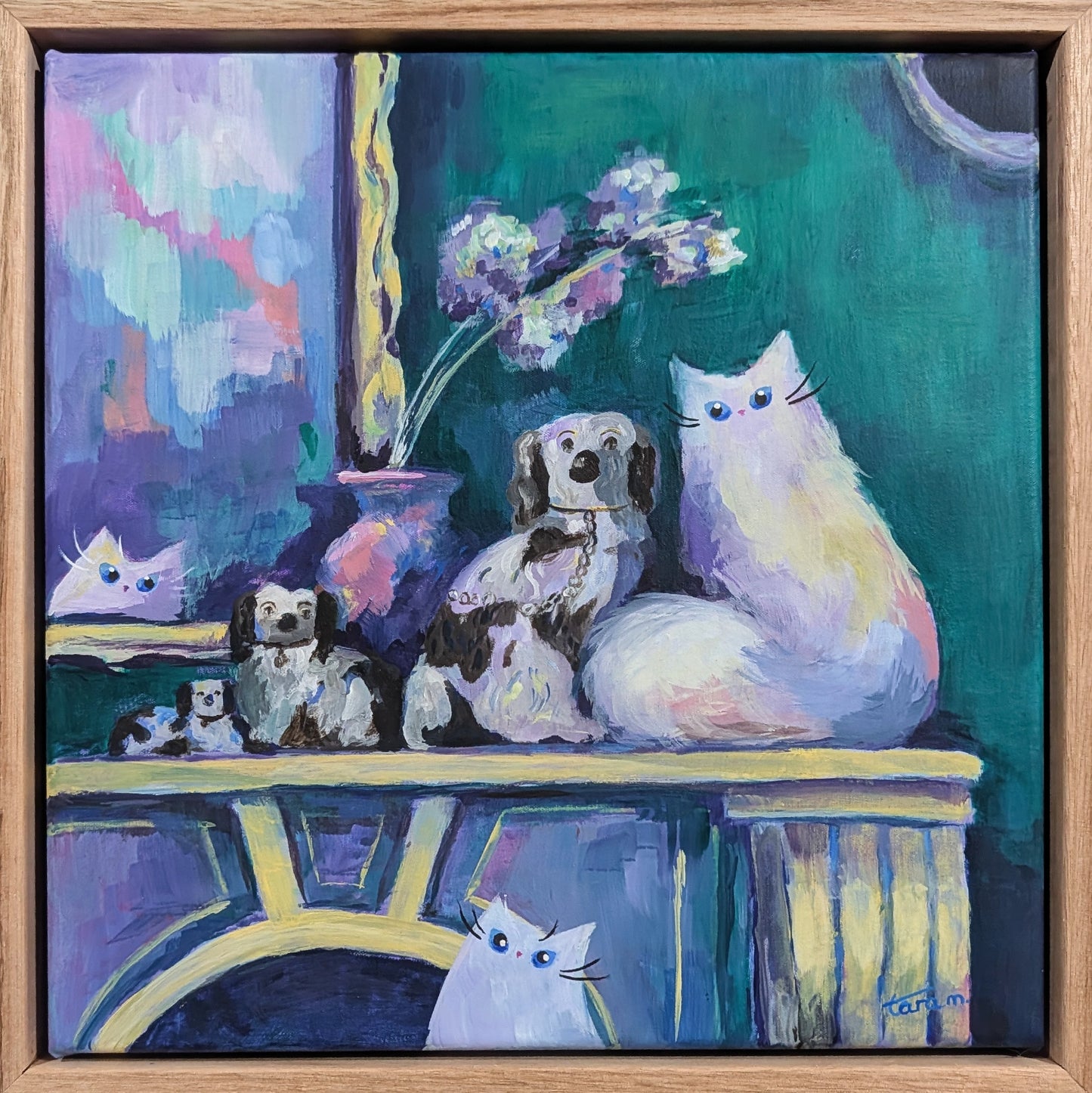 Dining room cats - the golden mantelpiece