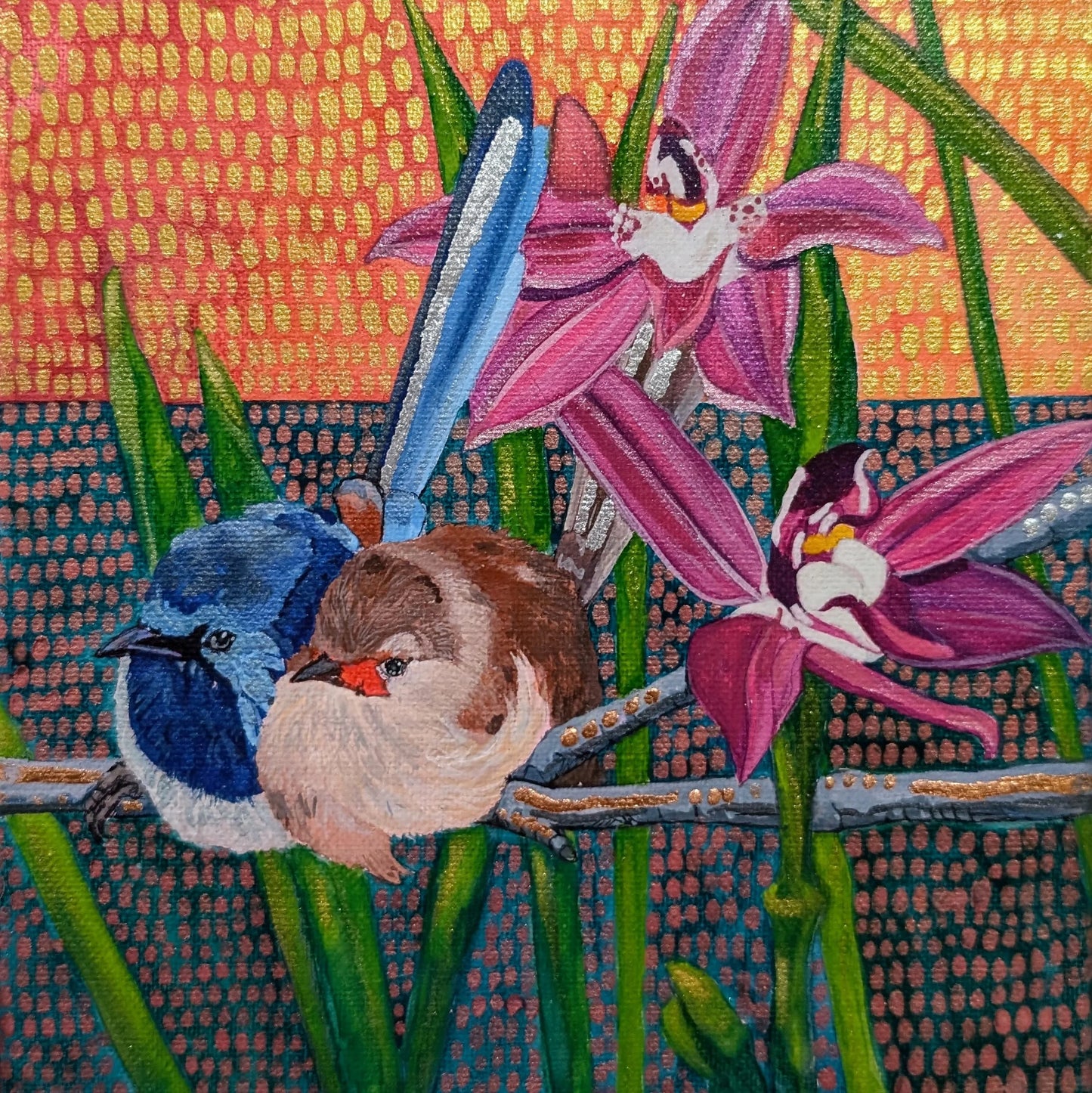 Blue Lovers with pink sun orchids