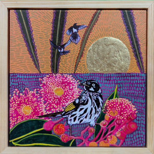 Mr Honey with banksia leaves under a golden sun