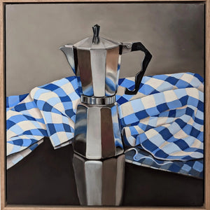 Italian Espresso Coffee Pot with Check Tablecloth
