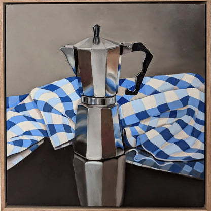 Italian Espresso Coffee Pot with Check Tablecloth