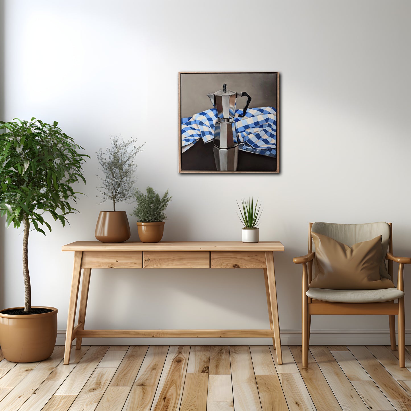 Italian Espresso Coffee Pot with Check Tablecloth