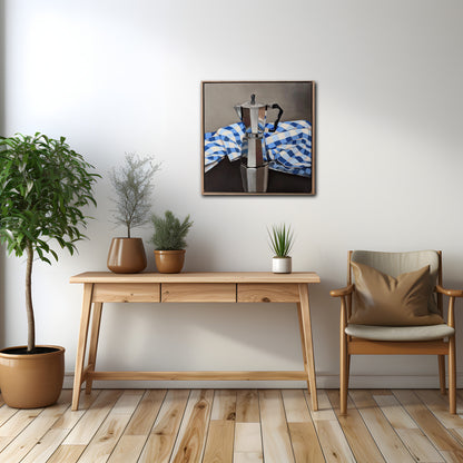 Italian Espresso Coffee Pot with Check Tablecloth