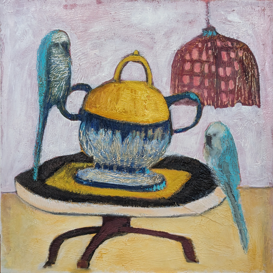 Two little blue budgies