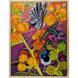 Mr Fantail with Mr Blue in a wattle filled landscape